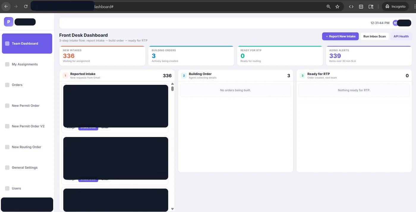 Sanitized front desk intake dashboard screenshot