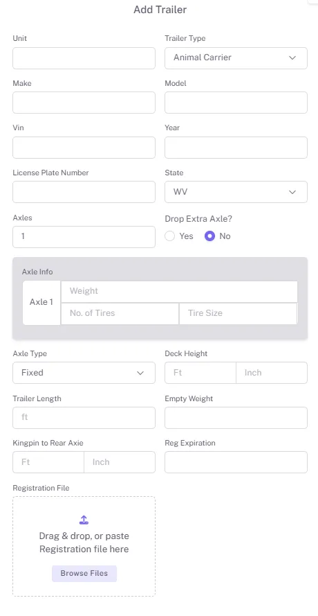 Trailer registration form populated by extraction workflow