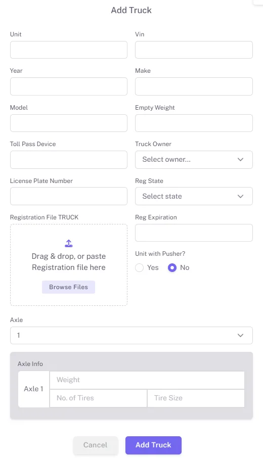 Truck registration form populated by extraction workflow